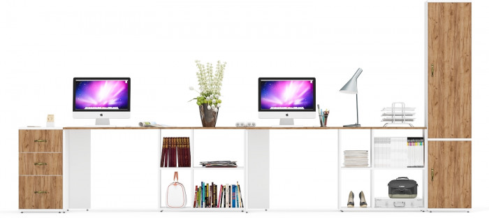 Лидер-8 Стол + Стол + Пенал МД 22Б + Тумба МД 3.16, цвет белый шагрень/крафт золото, ШхГхВ 410х50/37,5х75/190 или 270х120/50х75/190 см., НЕ ун. сб.