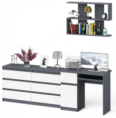 Мори Стол компьютерный МС-1 левый + Комод МК1380.6 + Полка 900, цвет графит/белый, ШхГхВ 228х50х209,6 см., НЕ универсальная сборка