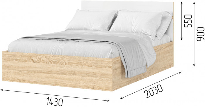 ЛИБЕРТИ КР 01 Кровать 1,4 (1432х900х2032) Фасад МДФ БЕЛЫЙ ГЛЯНЕЦ/Корпус ДУБ СОНОМА