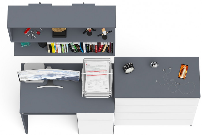 Мори Стол компьютерный МС-1 правый + Комод МК800.4 + Полка 900, цвет графит/белый, ШхГхВ 170,4х50х209,6 см., НЕ универсальная сборка