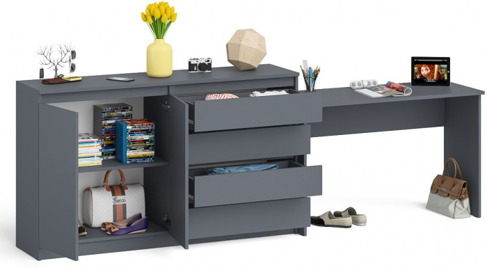 Мори Стол письменный МСП1200.1 + Комод МК1600.1, цвет графит, ШхГхВ 280,8х50х94 см., универсальная сборка