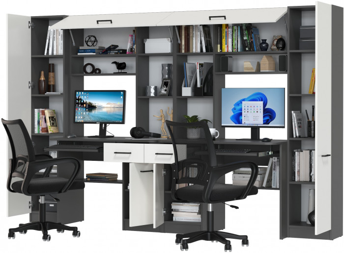 Два стола рабочих 6-0603 Альфа + два кресла 103 чёрных, цвет графит/белый, ШхГхВ 274х61х181 см., универсальная сборка