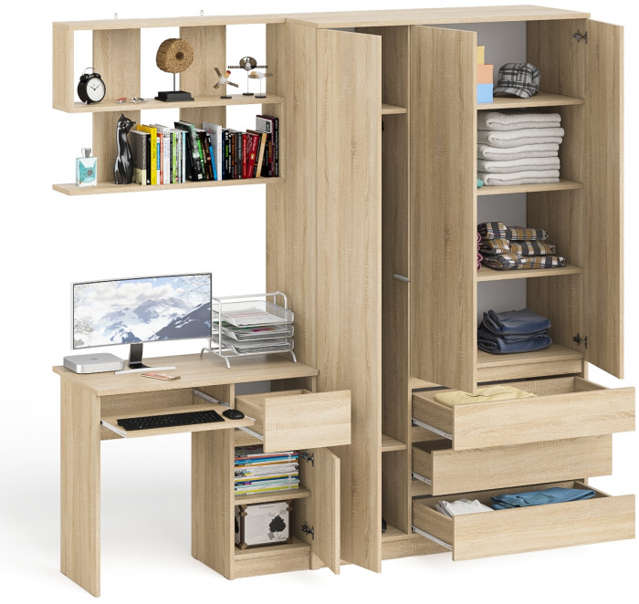 Мори Стол компьютерный МС-1 правый + Шкаф МШ1200.1 + Полка 900, цвет дуб сонома, ШхГхВ 210,4х50,4х209,6 см., НЕ универсальная сборка