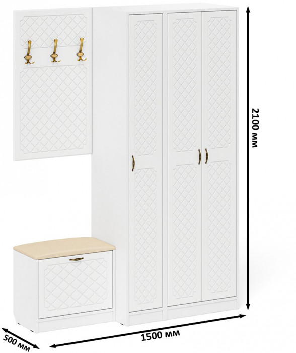 Прихожая П-6 Компоновка № 47, цвет белая шагрень/фасады МДФ белое дерево фрезеровка ромб, ШхГхВ 150х50х210 см., универсальная сборка