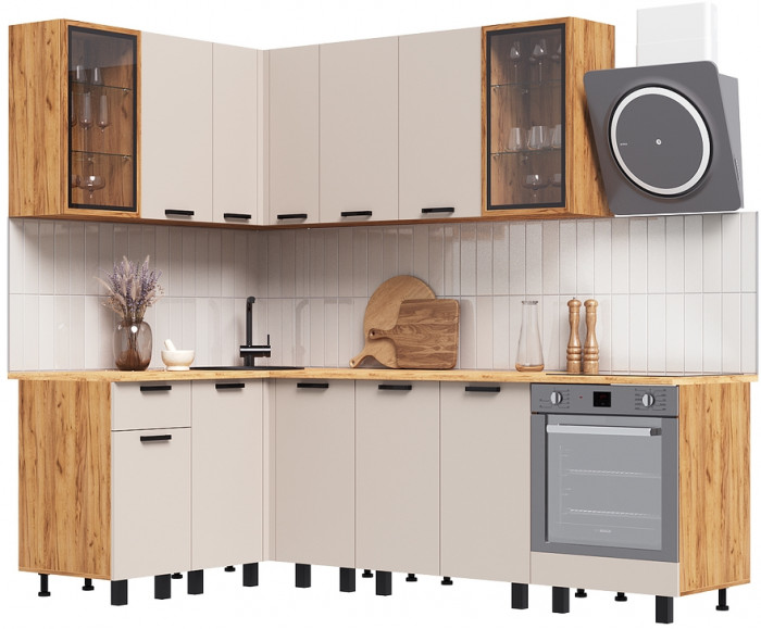 Кухня Техно 1,4х2,4м Компоновка №9, Крафт золотой/Кашемир