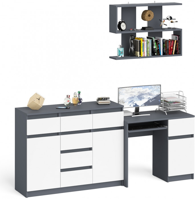 Мори компьютерный стол МС-1 правый + Комод МК1200.4 + Полка 900, графит/белый