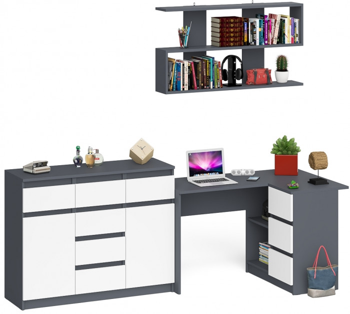 Мори компьютерный стол МС-16 правый + Комод МК1200.4 + Полка 1200, графит/белый