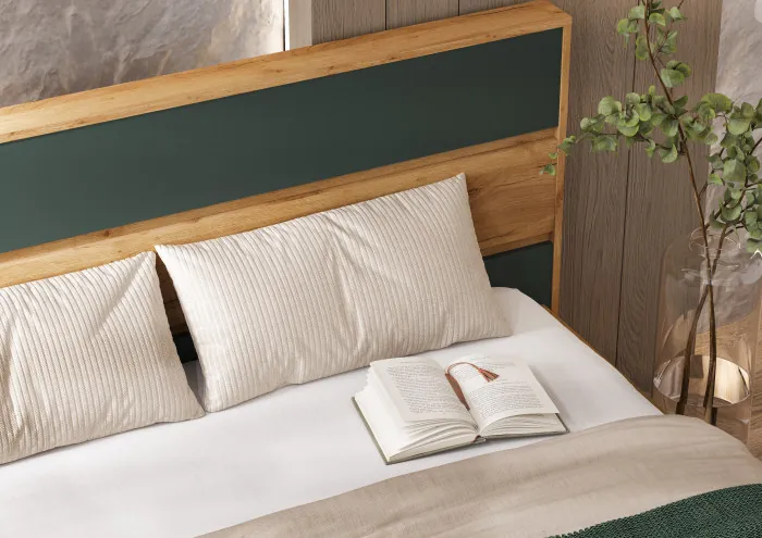 Роджина Кровать парящая 1,6м (ортопед металл), Крафт золотой/Изумрудный