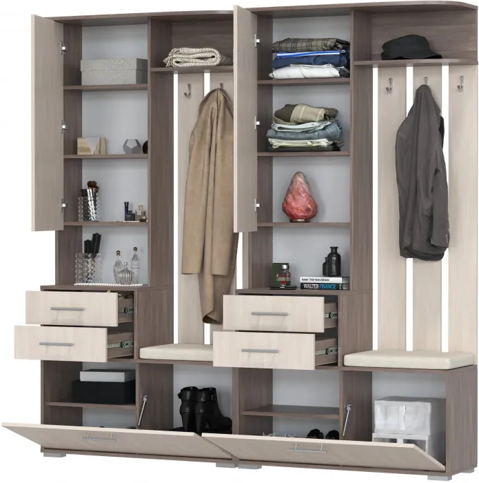 Два шкафа с вешалкой Домино 2-3431бод.тем/св, цвет бодега тёмный/бодега светлый, ШхГхВ 200х36х202 см., универсальная сборка
