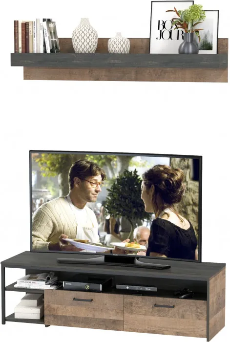 Трувор 13.70 Тумба под ТВ + 15.60 Полка, цвет дуб гранж песочный/интра, ШхГхВ 149,8х45,4х195 см., универсальная сборка