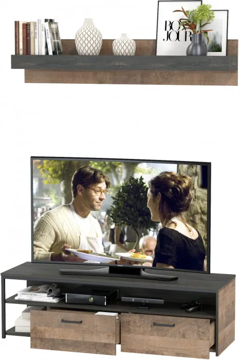 Трувор 13.70 Тумба под ТВ + 15.60 Полка, цвет дуб гранж песочный/интра, ШхГхВ 149,8х45,4х195 см., универсальная сборка