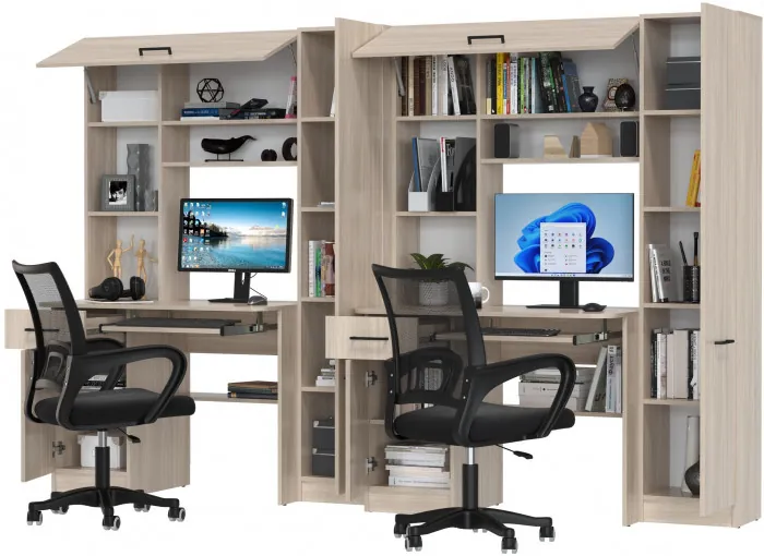 Два стола рабочих 6-0603 Альфа + два кресла 103 чёрных, цвет ясень шимо светлый, ШхГхВ 274х61х181 см., универсальная сборка