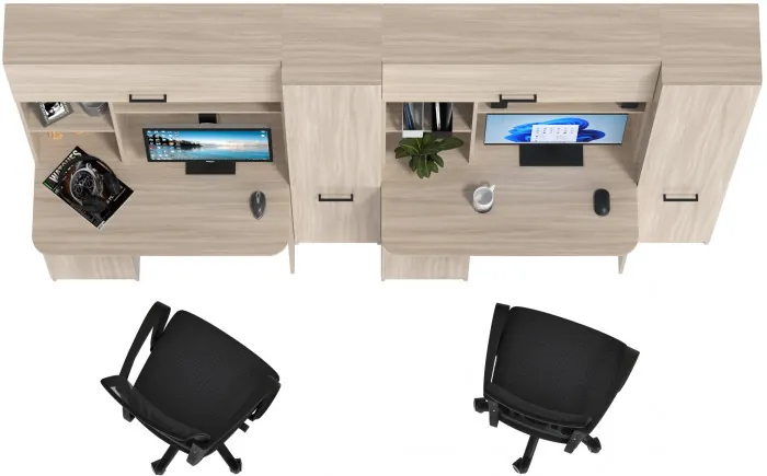 Два стола рабочих 6-0603 Альфа + два кресла 103 чёрных, цвет ясень шимо светлый, ШхГхВ 274х61х181 см., универсальная сборка