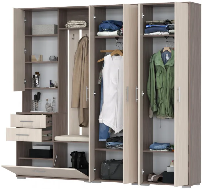 Прихожая Домино 4, цвет бодега тёмный/бодега светлый, ШхГхВ 220х36х202 см., универсальная сборка