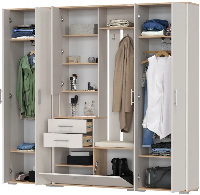 Прихожая Домино 4, цвет дуб крафт золотой/кашемир серый, ШхГхВ 220х36х202 см., универсальная сборка