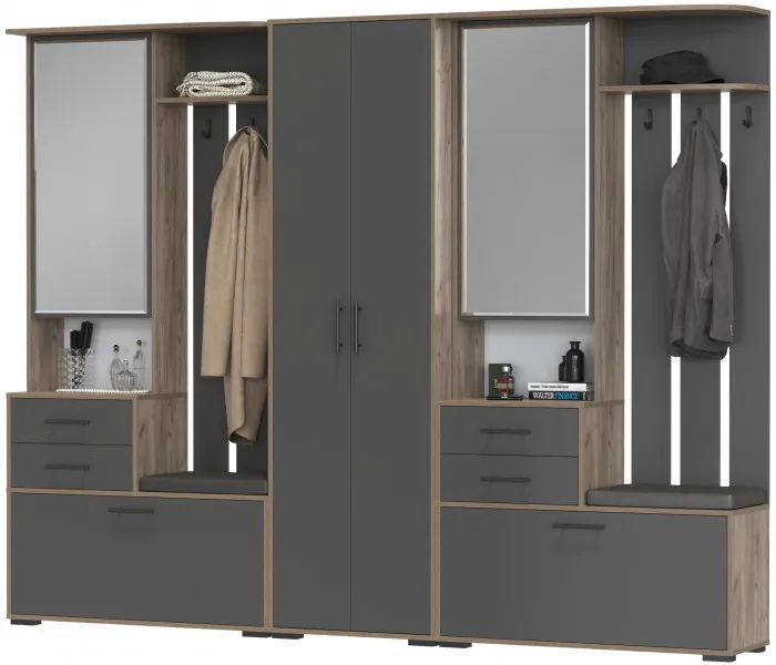 Прихожая Домино 3, цвет дуб крафт табачный/графит, ШхГхВ 260х36х202 см., универсальная сборка