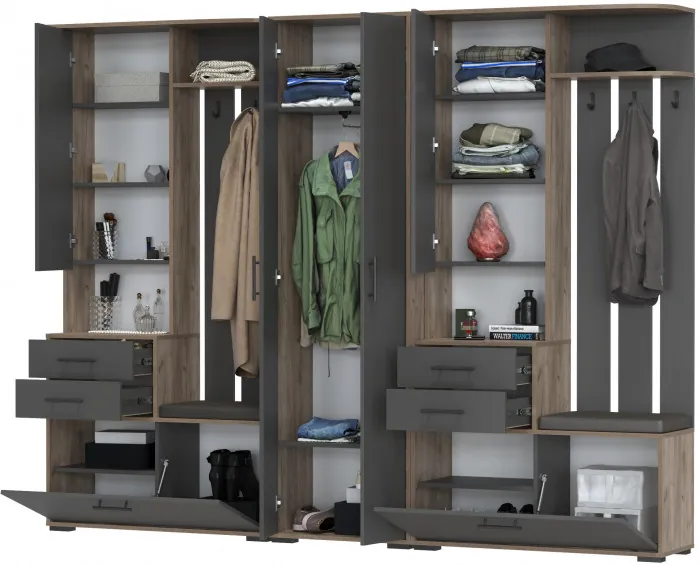 Прихожая Домино 3, цвет дуб крафт табачный/графит, ШхГхВ 260х36х202 см., универсальная сборка