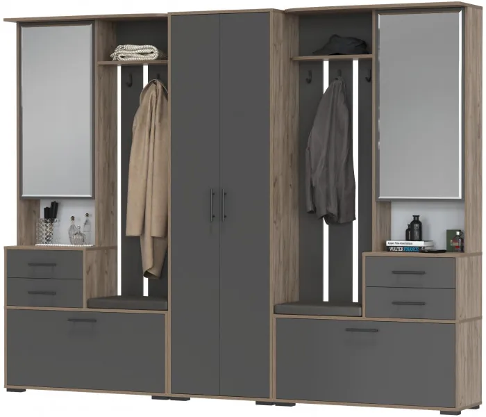 Прихожая Домино 3, цвет дуб крафт табачный/графит, ШхГхВ 260х36х202 см., универсальная сборка