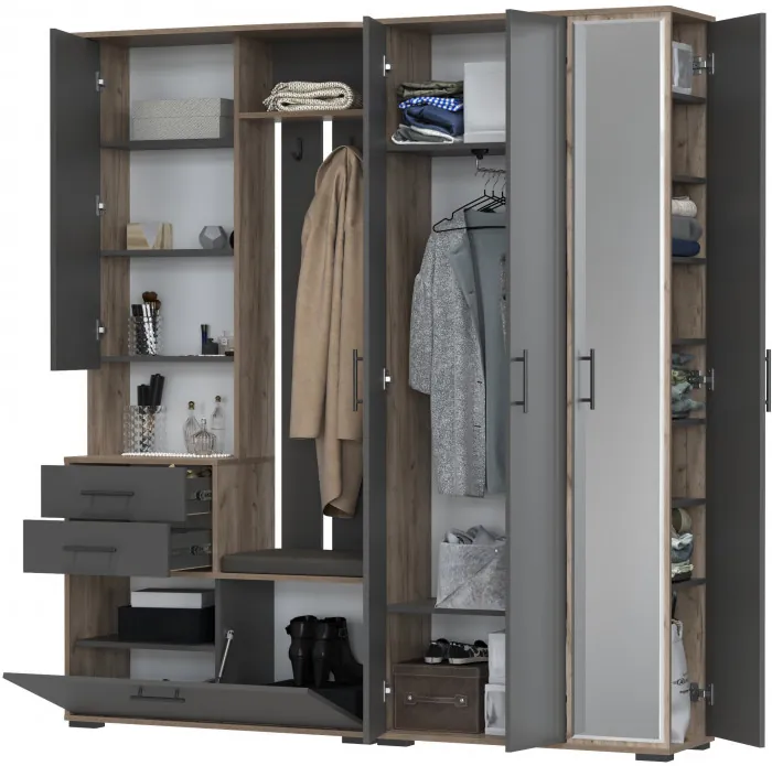 Прихожая Домино 5, цвет дуб крафт табачный/графит, ШхГхВ 188х36х202 см., универсальная сборка