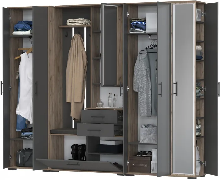 Прихожая Домино 6, цвет дуб крафт табачный/графит, ШхГхВ 248х36х202 см., универсальная сборка