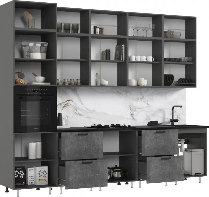 Кухня Рио NEW ЛДСП 3,0м/1080м (490) Компановка №3, Бетон светлый/Бетон темный/Белый глянец, Графит