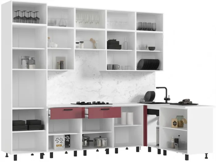 Кухня Техно 3,0х1,8/1080м Компоновка №6, Белый/Марсала глянец