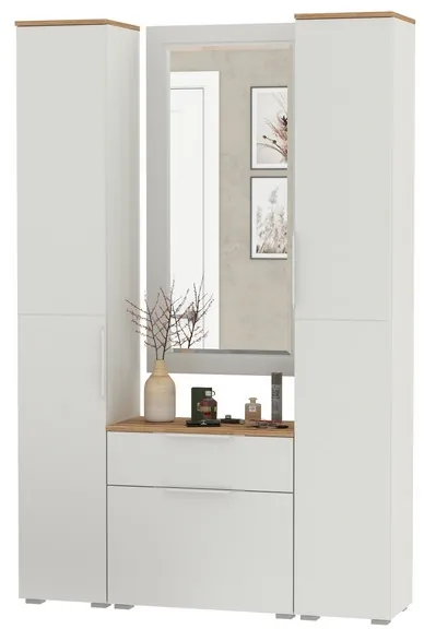 Октава Прихожая 43, цвет белый шагрень/дуб крафт золотой/фасады МДФ белый шагрень, ШхГхВ 129,3х35,4х197,6 см., универсальная сборка