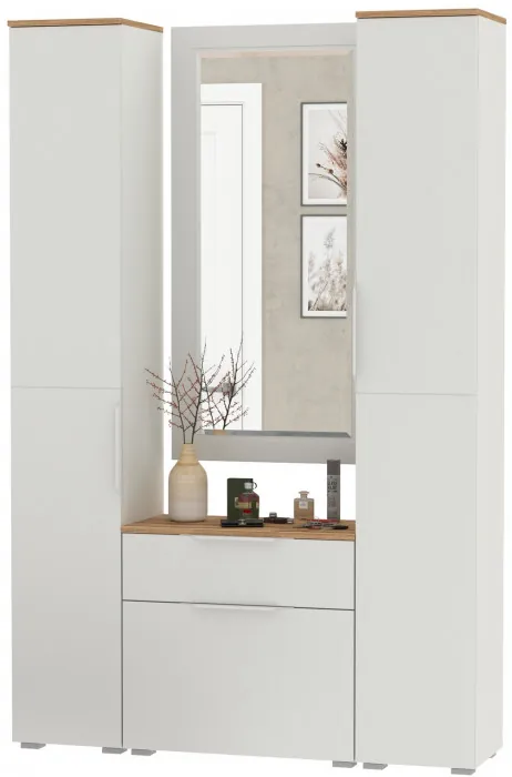 Октава Прихожая 43, цвет белый шагрень/дуб крафт золотой/фасады МДФ белый шагрень, ШхГхВ 129,3х35,4х197,6 см., универсальная сборка