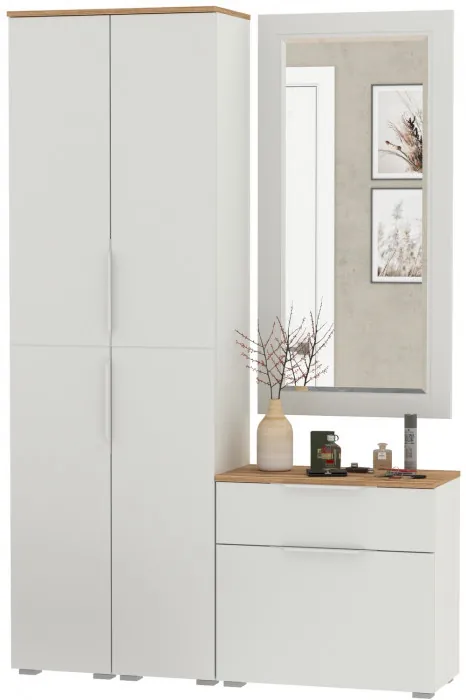 Октава Прихожая 43, цвет белый шагрень/дуб крафт золотой/фасады МДФ белый шагрень, ШхГхВ 129,3х35,4х197,6 см., универсальная сборка