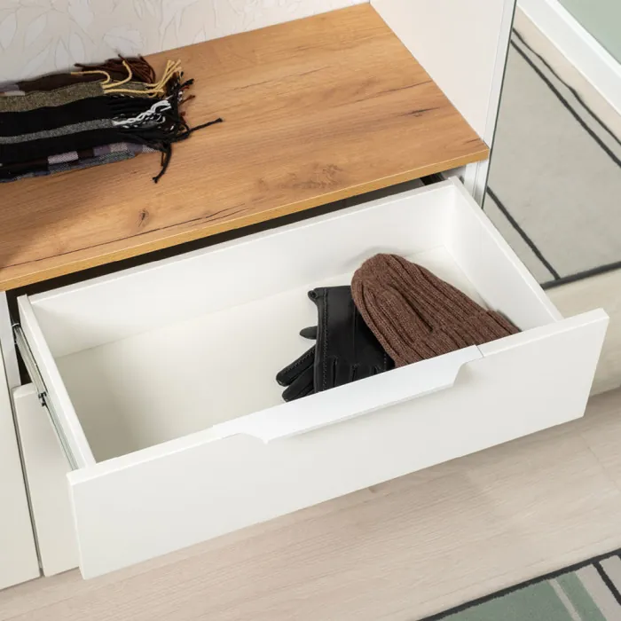 Октава Прихожая 43, цвет белый шагрень/дуб крафт золотой/фасады МДФ белый шагрень, ШхГхВ 129,3х35,4х197,6 см., универсальная сборка