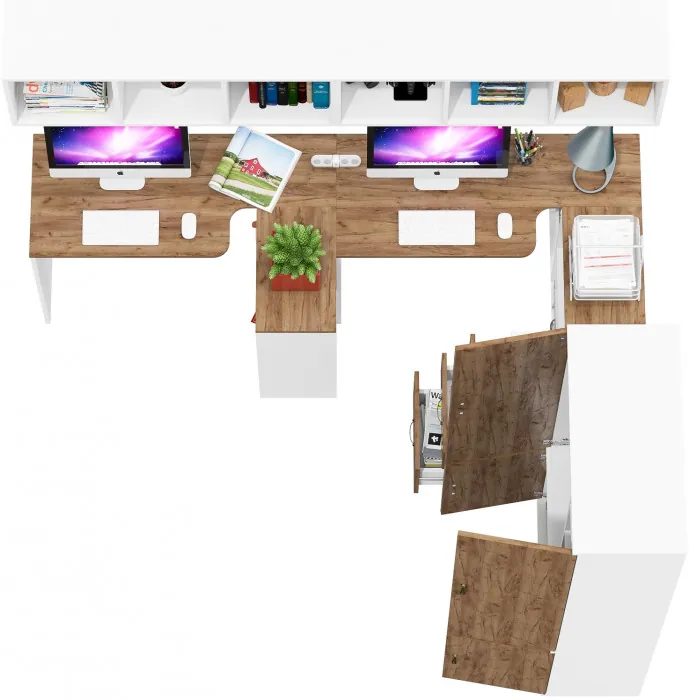 Лидер-8 Стол + Полка + Стол + Полка + Шкаф МД 20Б + Тумба МД 3.16, цвет белый шагрень/крафт золото, 450х50х75/190 или 230х200/50х75/190, НЕ ун. сб.