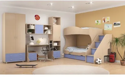 Модульная детская Дельта-3, Дуб молочный / Голубой