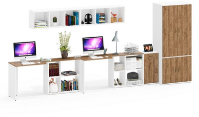 Лидер-8 Стол + Полка + Стол + Полка + Шкаф МД 19Б + Тумба МД 3.15, цвет белый шагрень/крафт золото, 450х50х75/190 или 230х200/50х75/190, НЕ ун. сб.