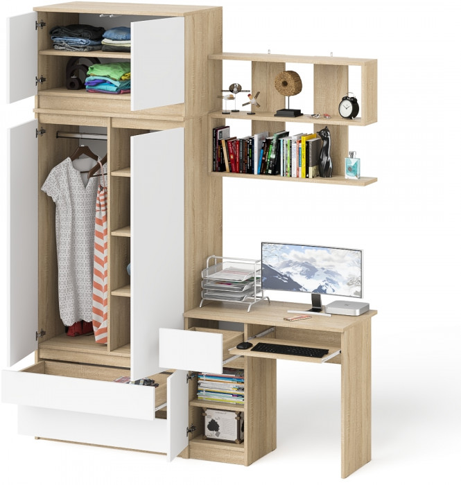 Мори Стол компьютерный МС-1 левый + Шкаф МШ900.1 + Антресоль МА900.1 + Полка 900, цвет дуб сонома/белый, ШхГхВ 180,4х50,4х234,2 см., НЕ ун. сб.