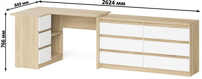 Мори Стол компьютерный МС-16 левый + Комод МК1380.6, цвет дуб сонома/белый, ШхГхВ 262,4х84,9х76,6 см., выдвижные ящики слев, НЕ универсальная сборкаа