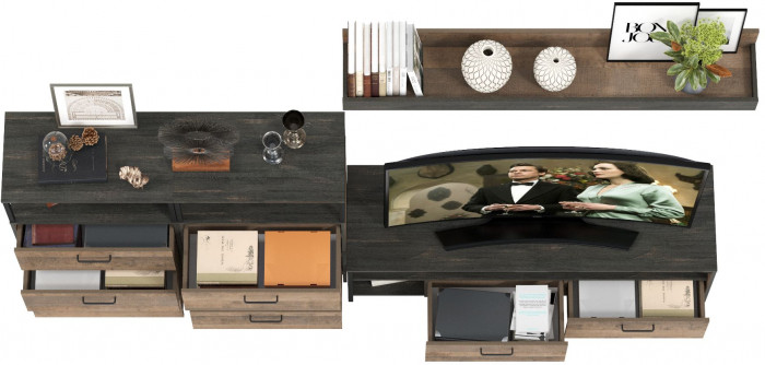 Трувор 13.70 Тумба под ТВ + 13.307.02 Комод + 13.307.02 Комод + 15.60 Полка, цвет дуб гранж песочный/интра, ШхГхВ 281,8х45,4х195 см., универс. сборка