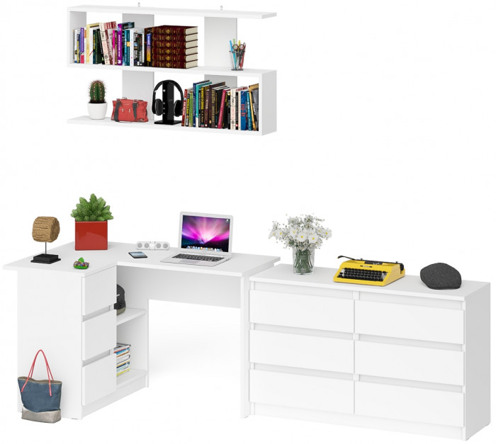 Мори компьютерный стол МС-16 левый + Комод МК1200.6 + Полка 1200, белый