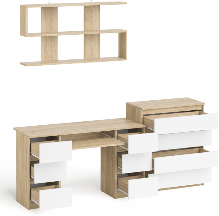 Мори компьютерный стол МС-2 + Комод МК800.4 + Полка 1200, дуб сонома/белый