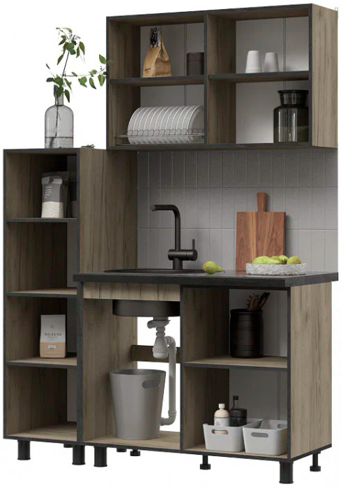 Кухня Эдинбург 1.4 с пеналом Фасад ЖЕЛЕЗНЫЙ КАМЕНЬ/Корпус ДУБ КРАФТ СЕРЫЙ