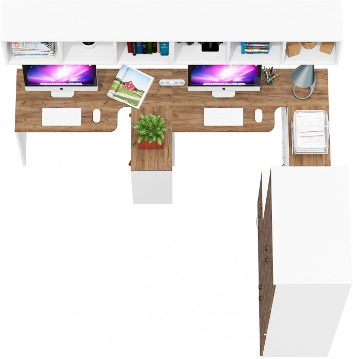 Лидер-8 Стол + Полка + Стол + Полка + Шкаф МД 19Б + Тумба МД 3.16, цвет белый шагрень/крафт золото, 450х50х75/190 или 230х200/50х75/190, НЕ ун. сб.