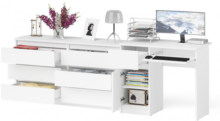 Мори Стол компьютерный МС-1 левый + Комод МК1380.6, цвет белый, ШхГхВ 228х50х76,6 см., выдвижной ящик слева, НЕ универсальная сборка