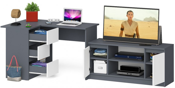 Мори компьютерный стол МС-16 левый + Тумба МТВ1200.1, графит/белый