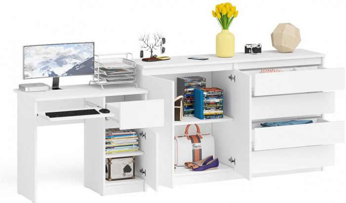 Мори Стол компьютерный МС-1 правый + Комод МК1600.1, цвет белый, ШхГхВ 250,4х50х94 см., выдвижной ящик справа, НЕ универсальная сборка