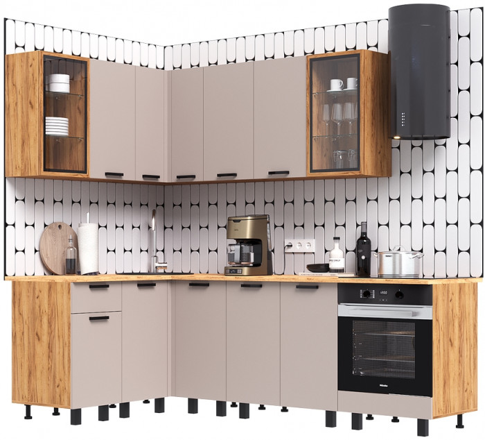 Кухня Техно 1,4х2,4м Компоновка №9, Крафт золотой/Холст латте