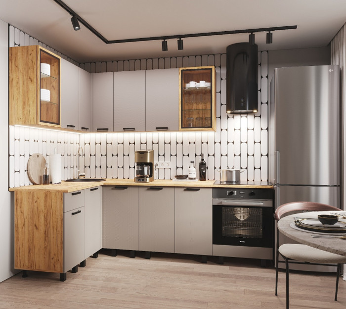 Кухня Техно 1,4х2,4м Компоновка №9, Крафт золотой/Холст латте