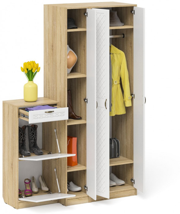 Прихожая П-6 Компоновка № 48, цвет дуб сонома/фасады МДФ белое дерево фрезеровка ромб, ШхГхВ 140х50х210 см., универсальная сборка