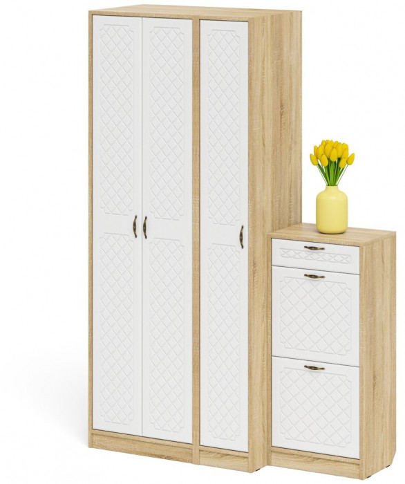 Прихожая П-6 Компоновка № 48, цвет дуб сонома/фасады МДФ белое дерево фрезеровка ромб, ШхГхВ 140х50х210 см., универсальная сборка