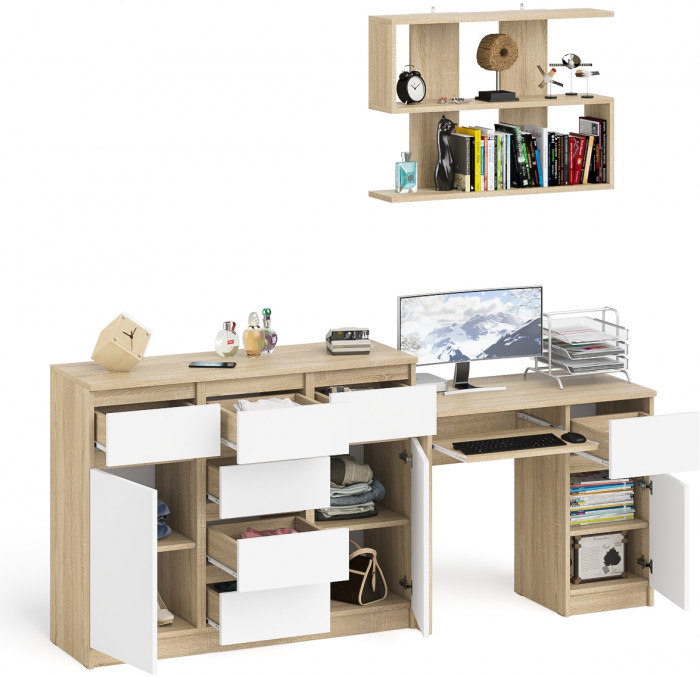 Мори компьютерный стол МС-1 правый + Комод МК1200.4 + Полка 900, дуб сонома/белый