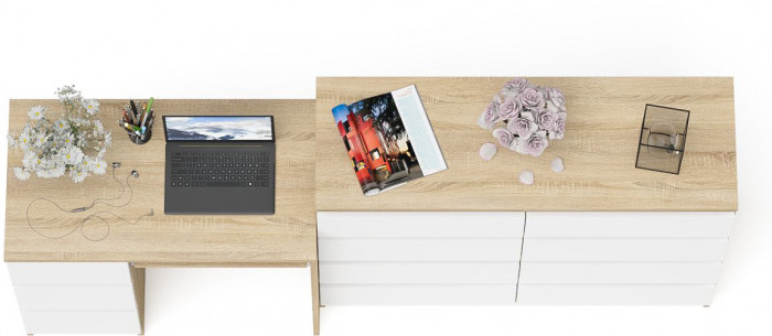 Мори компьютерный стол МС-6 левый + Комод МК1200.8, дуб сонома/белый