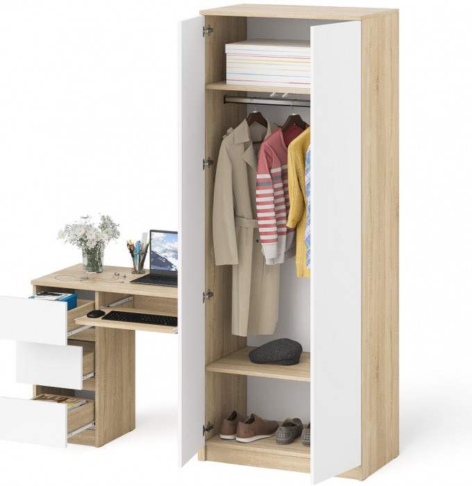 Мори компьютерный стол МС-6 левый + Шкаф МШ800.1, дуб сонома/белый